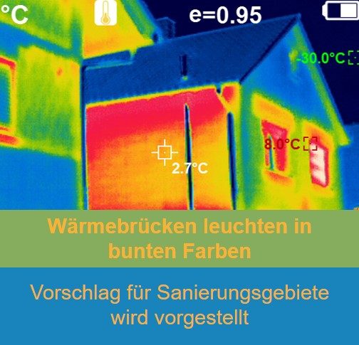Wärmebild eines Hauses zeigt Wärmebrücken in bunten Farben.
