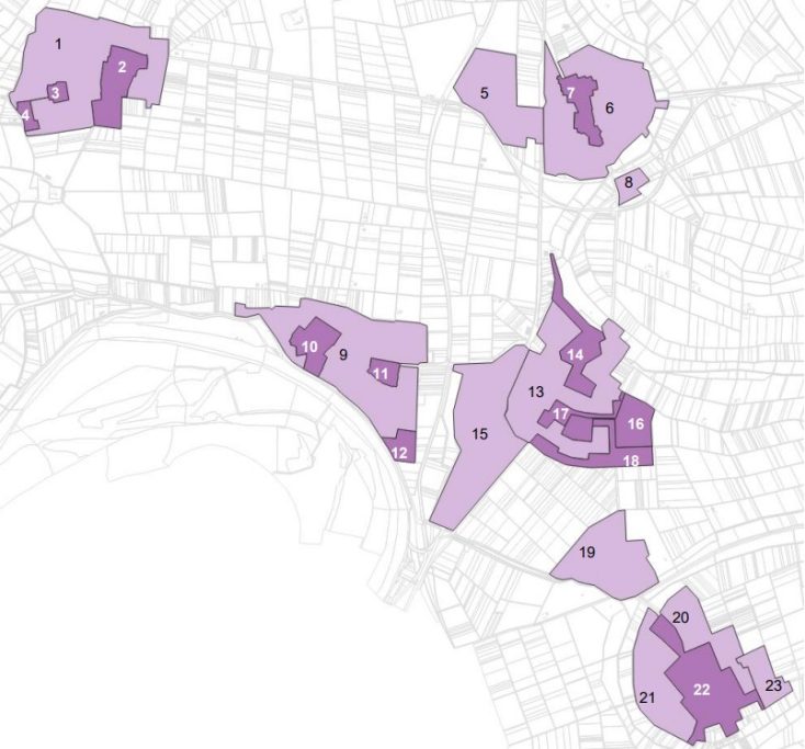 Versorgungsgebiete - Karte Karte von Stadtteilen mit markierten Bereichen in lila.